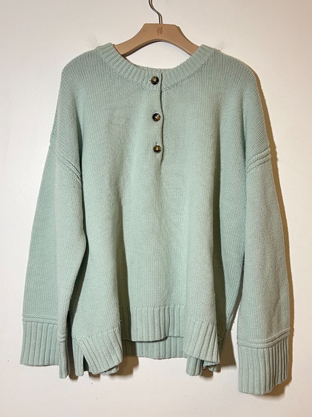 La Ligne EUC Seafoam Green 100% Thick Cashmere Val Pullover Button Sweater XL